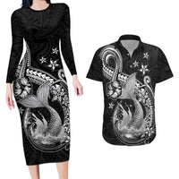 Hawaii Mermaid Monotone Couples Matching Long Sleeve Bodycon Dress and Hawaiian Shirt Polynesian Pattern Fish Hook