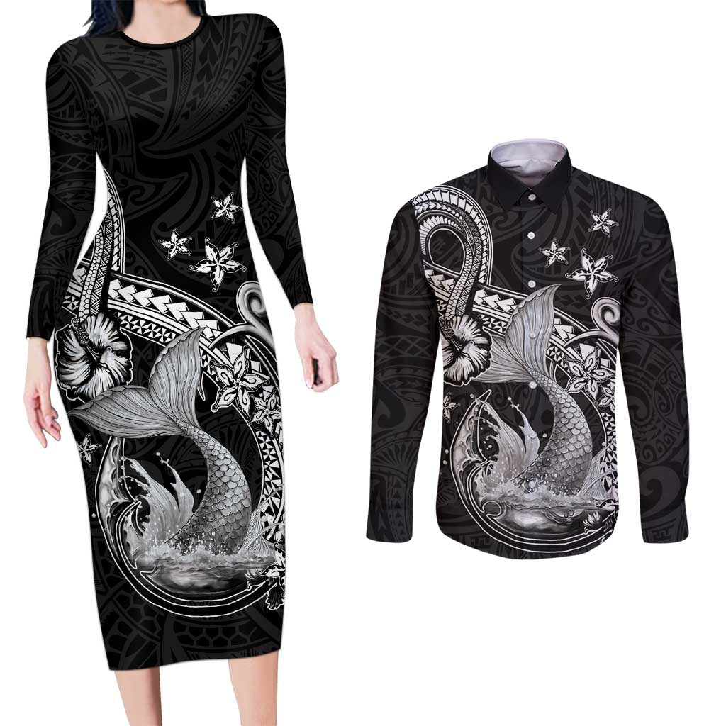 Hawaii Mermaid Monotone Couples Matching Long Sleeve Bodycon Dress and Long Sleeve Button Shirt Polynesian Pattern Fish Hook LT01 Black - Polynesian Pride