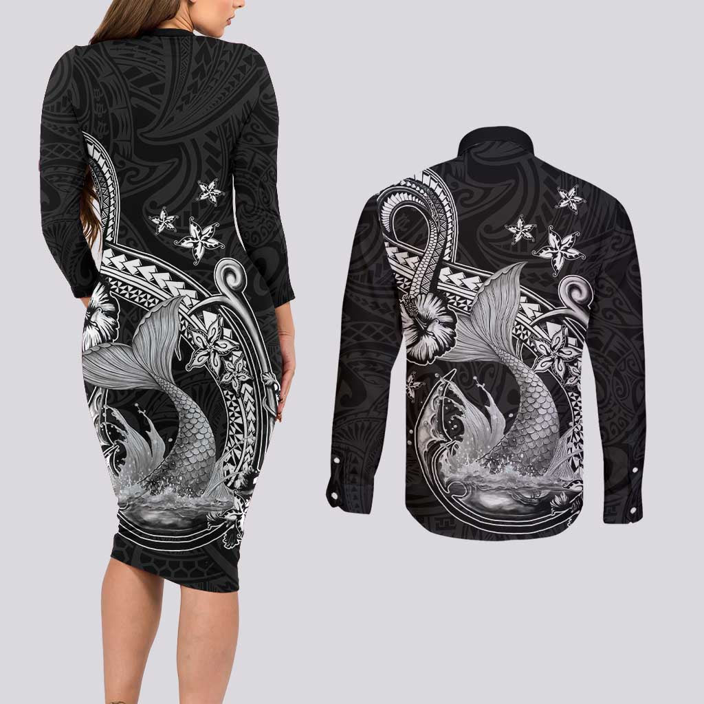 Hawaii Mermaid Monotone Couples Matching Long Sleeve Bodycon Dress and Long Sleeve Button Shirt Polynesian Pattern Fish Hook LT01 - Polynesian Pride