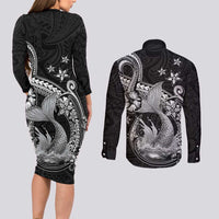 Hawaii Mermaid Monotone Couples Matching Long Sleeve Bodycon Dress and Long Sleeve Button Shirt Polynesian Pattern Fish Hook LT01 - Polynesian Pride