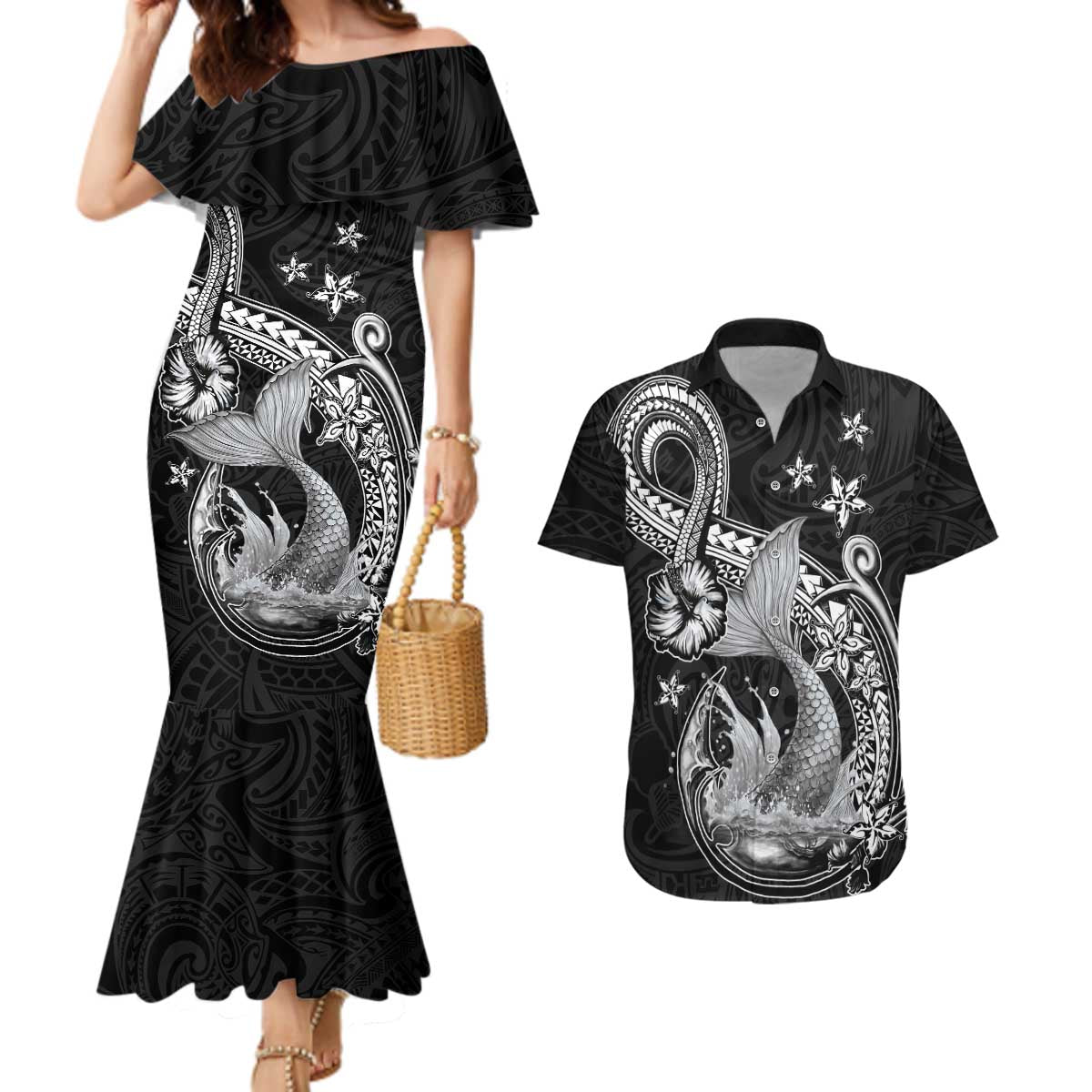 Hawaii Mermaid Monotone Couples Matching Mermaid Dress and Hawaiian Shirt Polynesian Pattern Fish Hook LT01 Black - Polynesian Pride