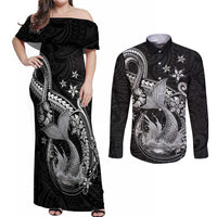 Hawaii Mermaid Monotone Couples Matching Off Shoulder Maxi Dress and Long Sleeve Button Shirt Polynesian Pattern Fish Hook LT01 Black - Polynesian Pride
