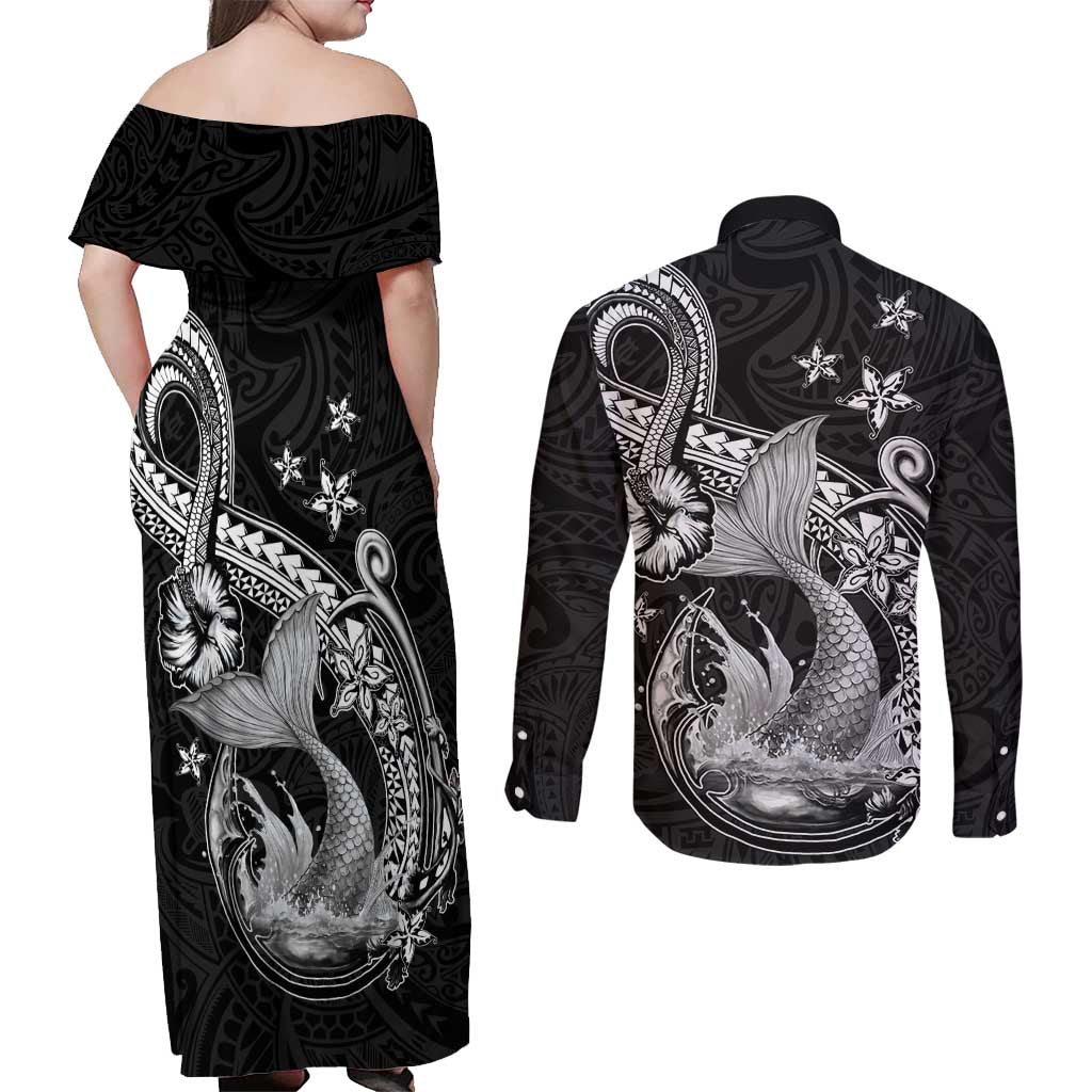 Hawaii Mermaid Monotone Couples Matching Off Shoulder Maxi Dress and Long Sleeve Button Shirt Polynesian Pattern Fish Hook LT01 - Polynesian Pride