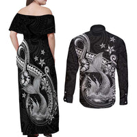 Hawaii Mermaid Monotone Couples Matching Off Shoulder Maxi Dress and Long Sleeve Button Shirt Polynesian Pattern Fish Hook LT01 - Polynesian Pride