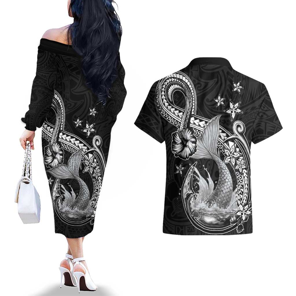 Hawaii Mermaid Monotone Couples Matching Off The Shoulder Long Sleeve Dress and Hawaiian Shirt Polynesian Pattern Fish Hook LT01 - Polynesian Pride