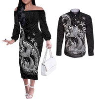 Hawaii Mermaid Monotone Couples Matching Off The Shoulder Long Sleeve Dress and Long Sleeve Button Shirt Polynesian Pattern Fish Hook LT01 Black - Polynesian Pride