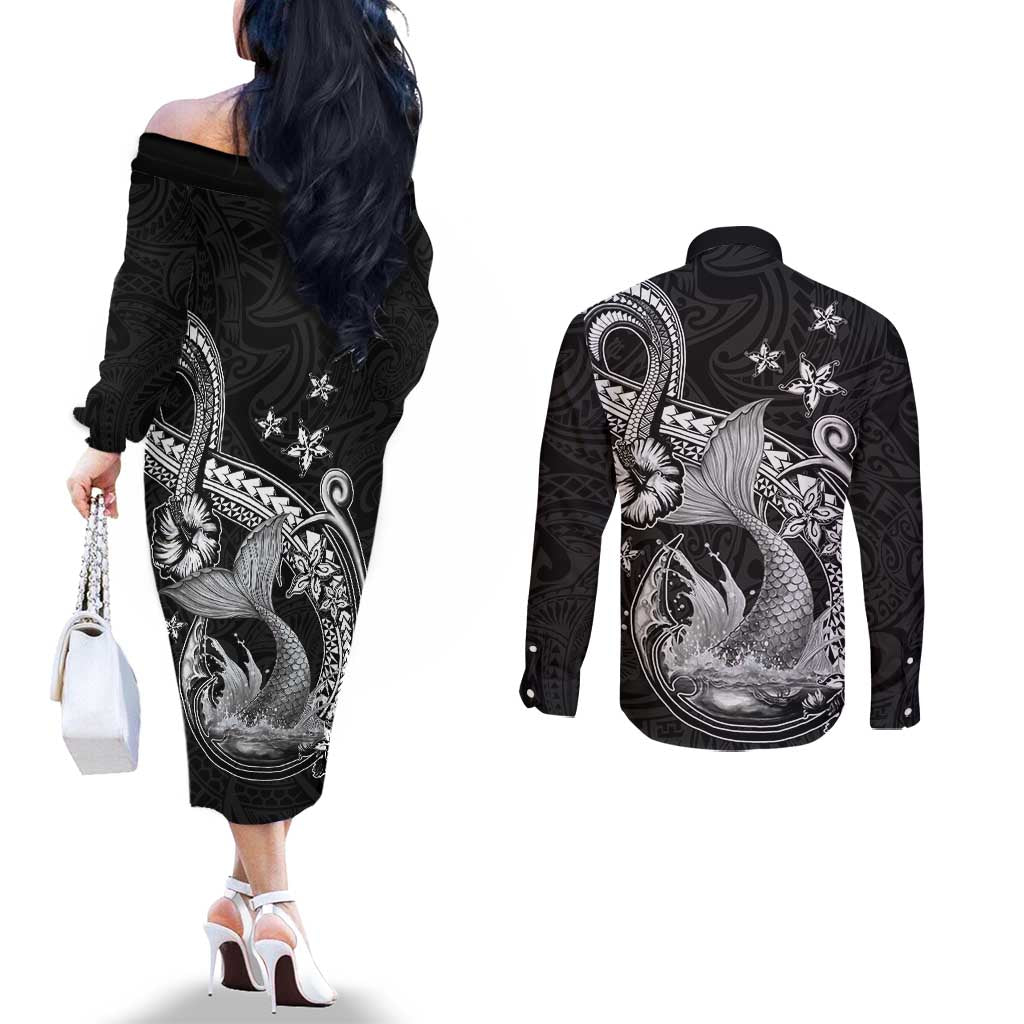 Hawaii Mermaid Monotone Couples Matching Off The Shoulder Long Sleeve Dress and Long Sleeve Button Shirt Polynesian Pattern Fish Hook LT01 - Polynesian Pride