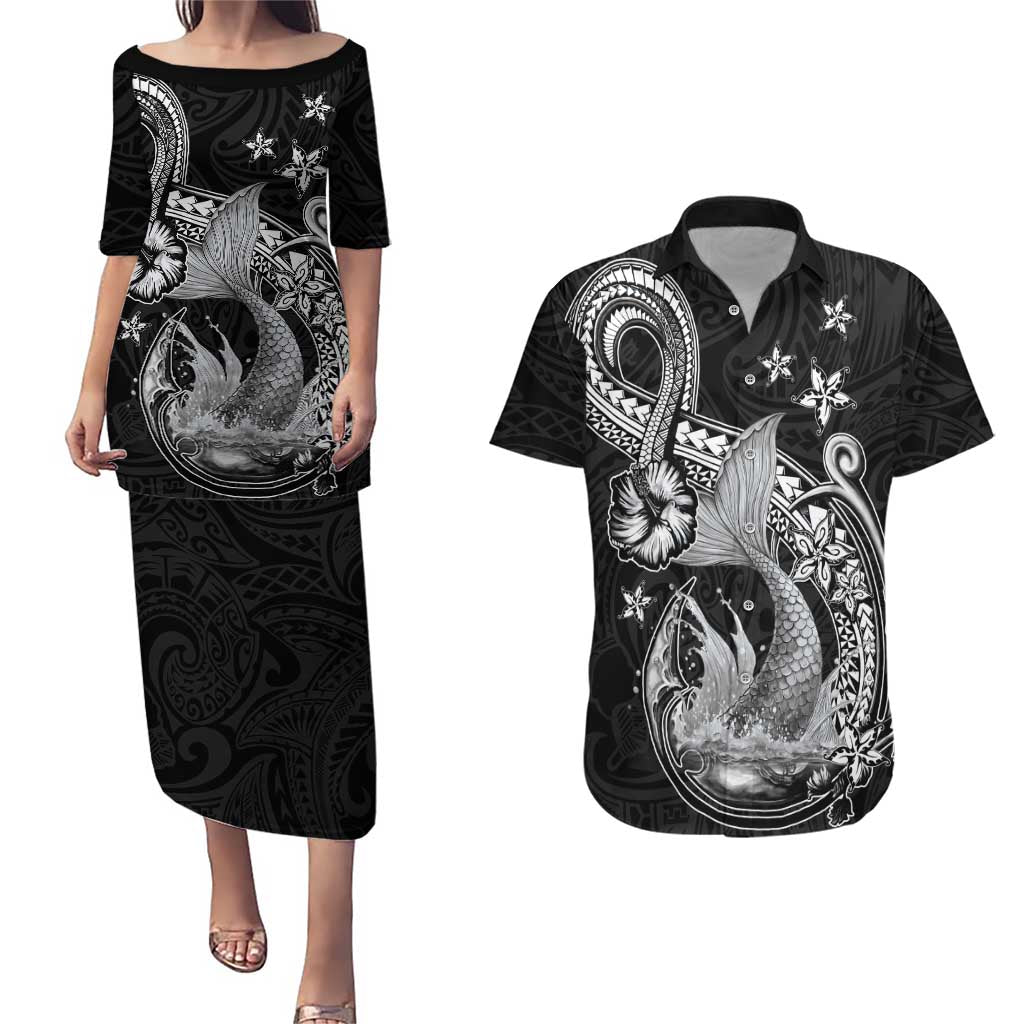 Hawaii Mermaid Monotone Couples Matching Puletasi and Hawaiian Shirt Polynesian Pattern Fish Hook LT01 Black - Polynesian Pride