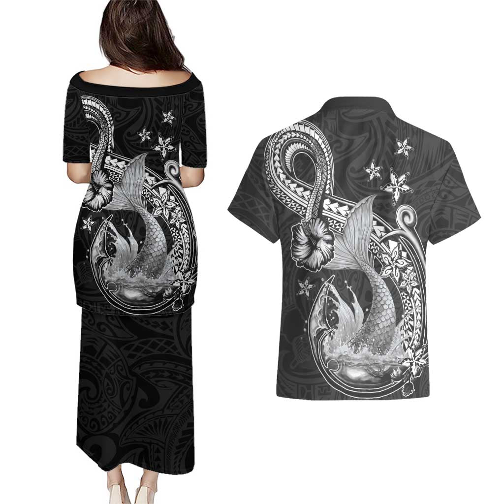 Hawaii Mermaid Monotone Couples Matching Puletasi and Hawaiian Shirt Polynesian Pattern Fish Hook LT01 - Polynesian Pride