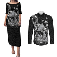 Hawaii Mermaid Monotone Couples Matching Puletasi and Long Sleeve Button Shirt Polynesian Pattern Fish Hook LT01 Black - Polynesian Pride