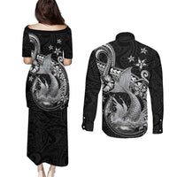 Hawaii Mermaid Monotone Couples Matching Puletasi and Long Sleeve Button Shirt Polynesian Pattern Fish Hook LT01 - Polynesian Pride
