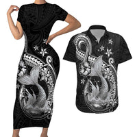Hawaii Mermaid Monotone Couples Matching Short Sleeve Bodycon Dress and Hawaiian Shirt Polynesian Pattern Fish Hook LT01 Black - Polynesian Pride