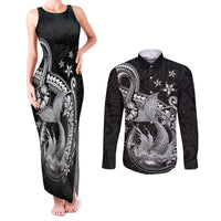 Hawaii Mermaid Monotone Couples Matching Tank Maxi Dress and Long Sleeve Button Shirt Polynesian Pattern Fish Hook LT01 Black - Polynesian Pride