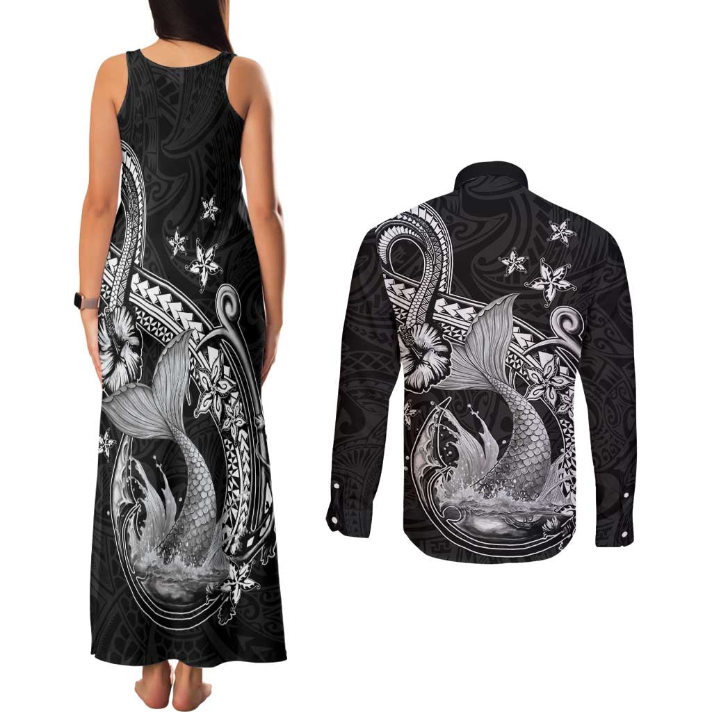 Hawaii Mermaid Monotone Couples Matching Tank Maxi Dress and Long Sleeve Button Shirt Polynesian Pattern Fish Hook LT01 - Polynesian Pride