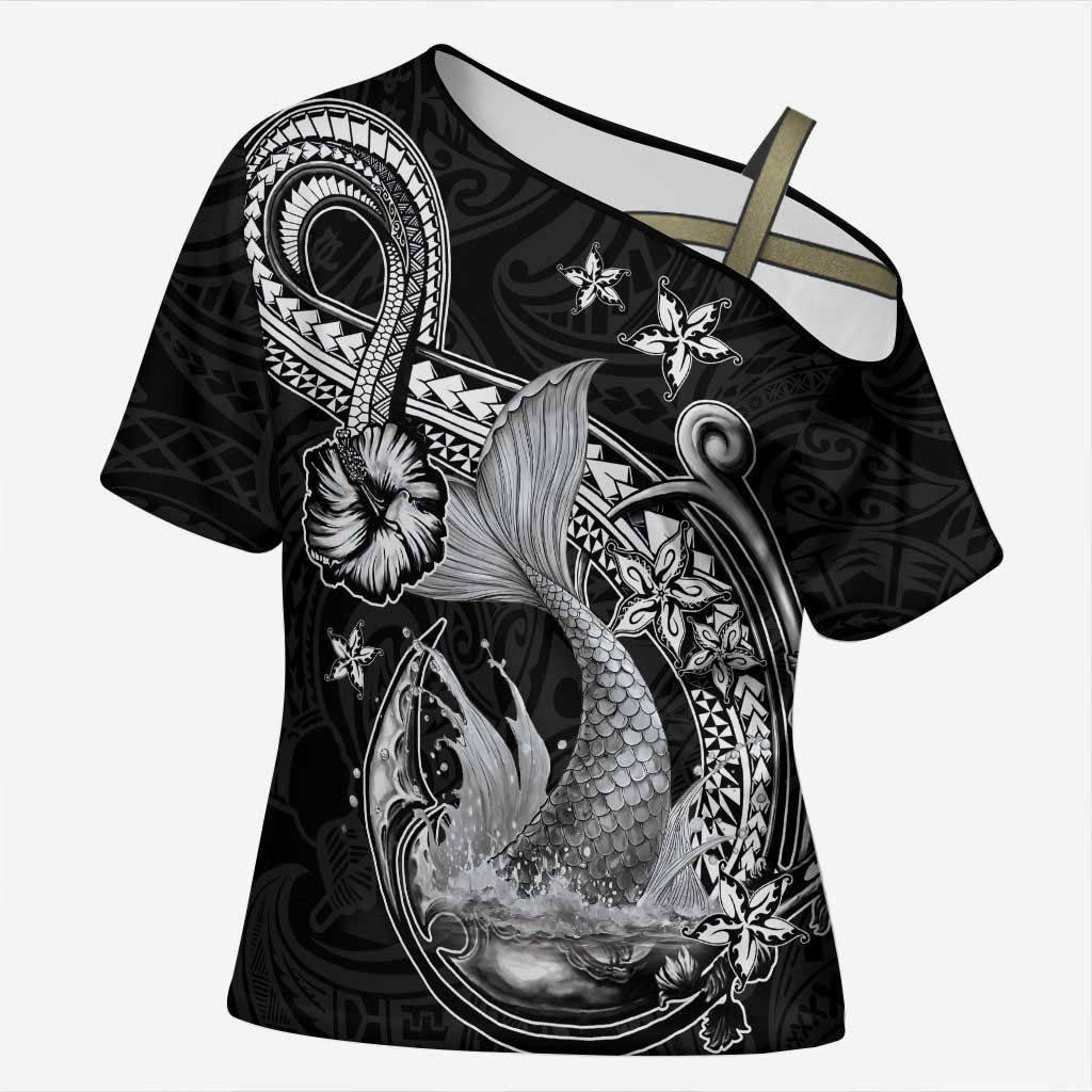 Hawaii Mermaid Monotone Cross Shoulder Shirt Polynesian Pattern Fish Hook LT01 Female Black - Polynesian Pride