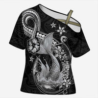 Hawaii Mermaid Monotone Cross Shoulder Shirt Polynesian Pattern Fish Hook LT01 Female Black - Polynesian Pride