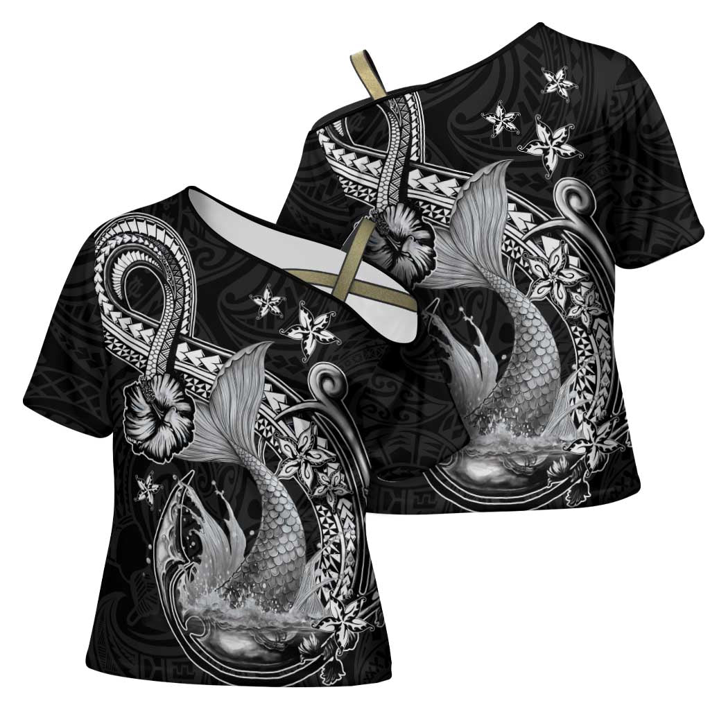 Hawaii Mermaid Monotone Cross Shoulder Shirt Polynesian Pattern Fish Hook LT01 - Polynesian Pride