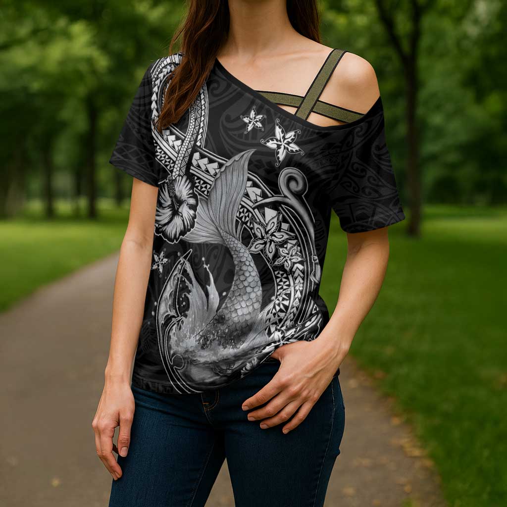 Hawaii Mermaid Monotone Cross Shoulder Shirt Polynesian Pattern Fish Hook LT01 - Polynesian Pride