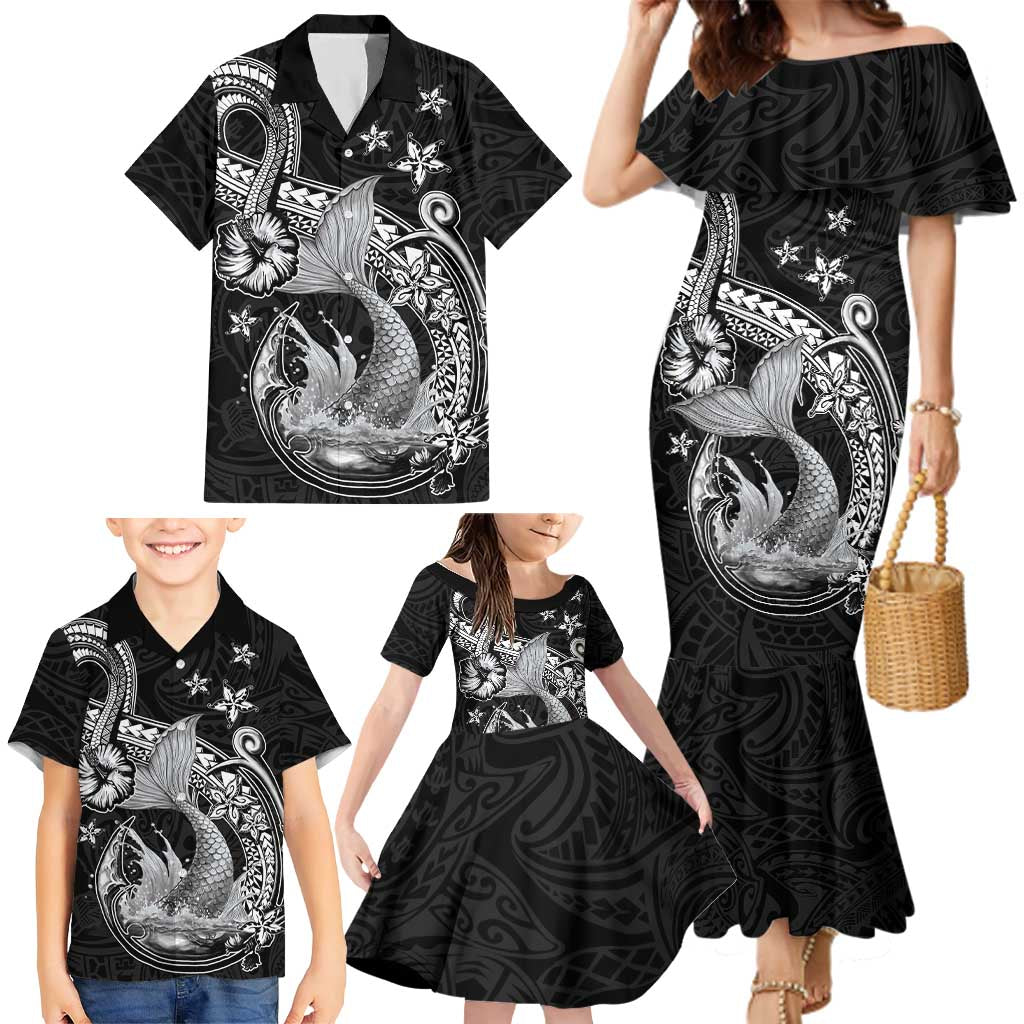 Hawaii Mermaid Monotone Family Matching Mermaid Dress and Hawaiian Shirt Polynesian Pattern Fish Hook LT01 - Polynesian Pride