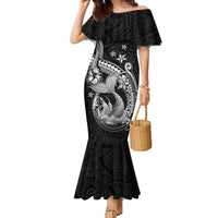 Hawaii Mermaid Monotone Family Matching Mermaid Dress and Hawaiian Shirt Polynesian Pattern Fish Hook LT01 Mom's Dress Black - Polynesian Pride