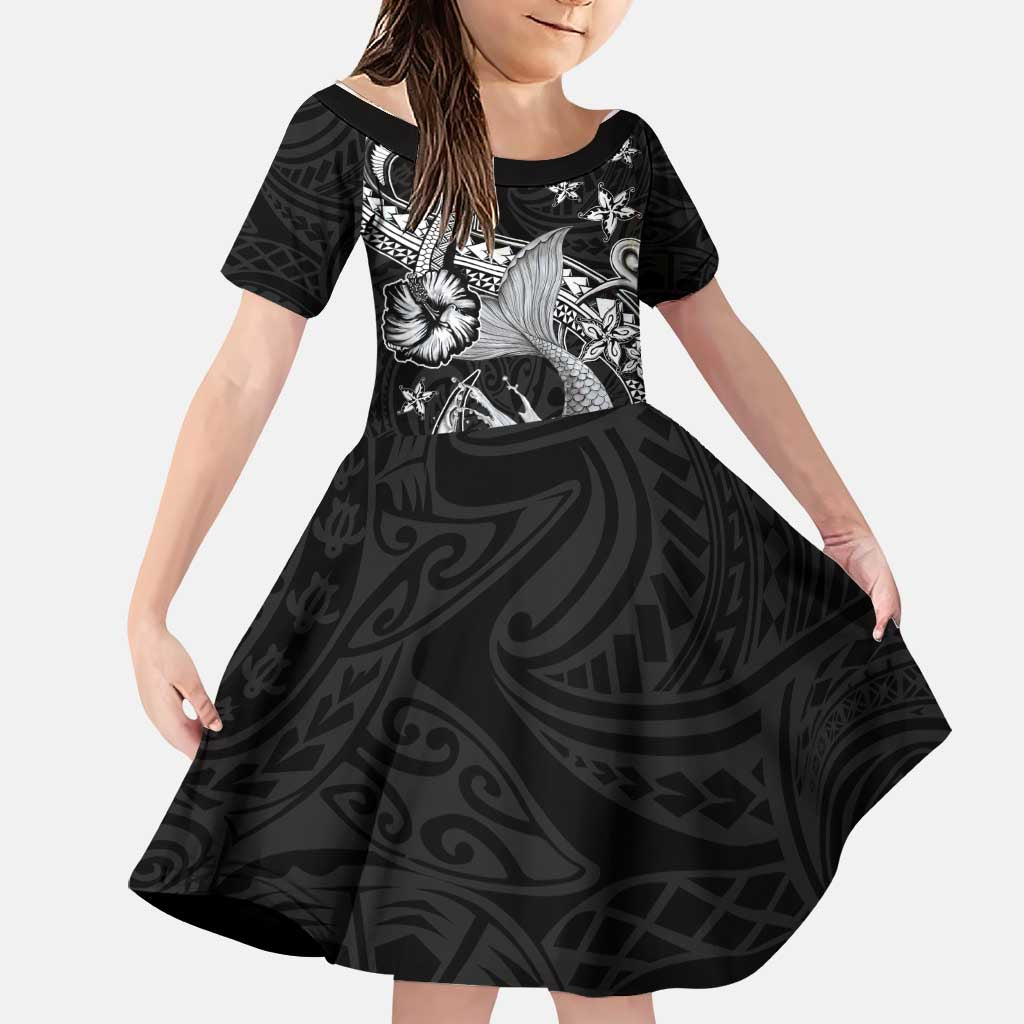 Hawaii Mermaid Monotone Family Matching Off Shoulder Short Dress and Hawaiian Shirt Polynesian Pattern Fish Hook LT01 Daughter's Dress Black - Polynesian Pride