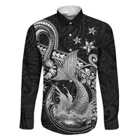 Hawaii Mermaid Monotone Family Matching Off Shoulder Short Dress and Hawaiian Shirt Polynesian Pattern Fish Hook LT01 Dad's Shirt - Long Sleeve Black - Polynesian Pride