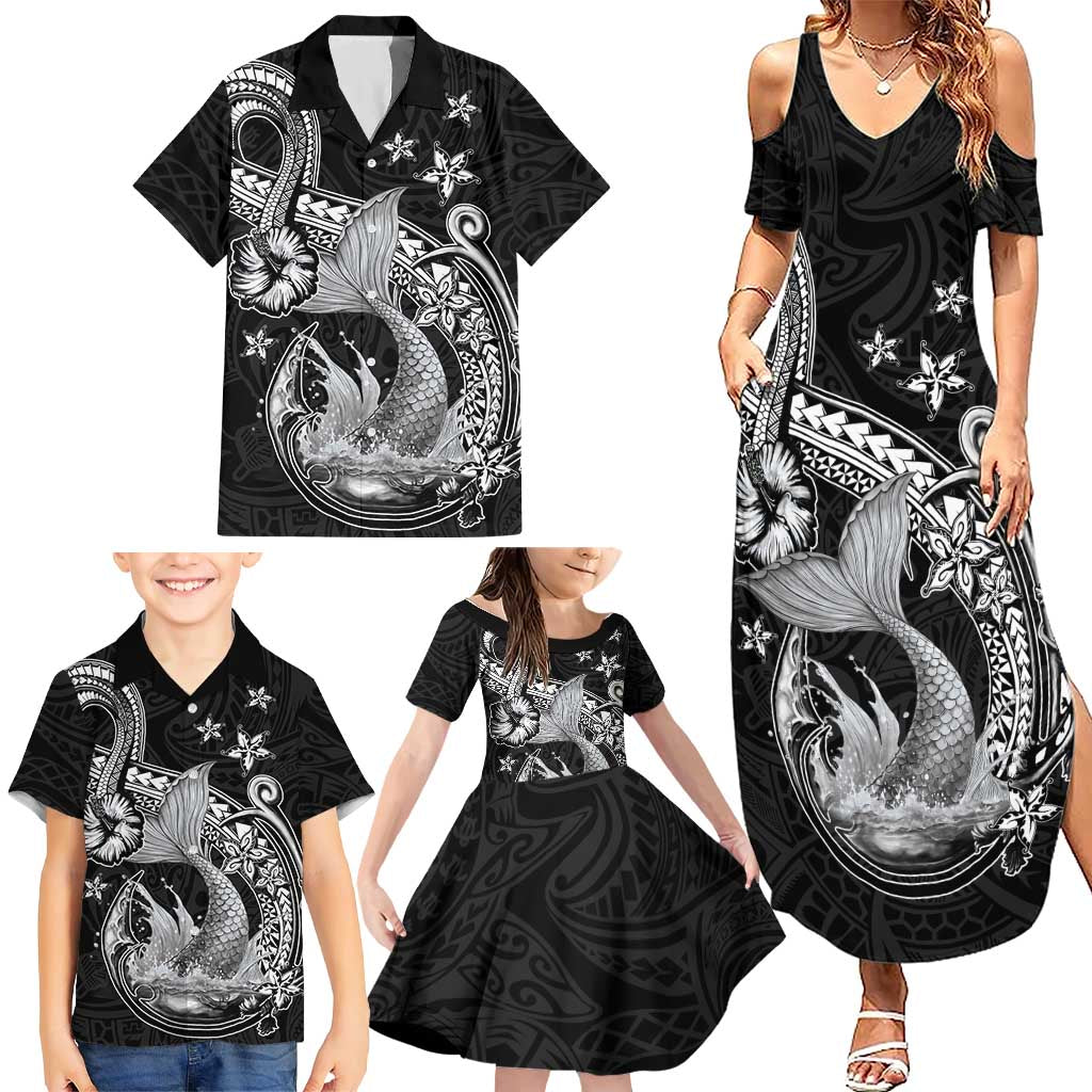 Hawaii Mermaid Monotone Family Matching Summer Maxi Dress and Hawaiian Shirt Polynesian Pattern Fish Hook LT01 - Polynesian Pride