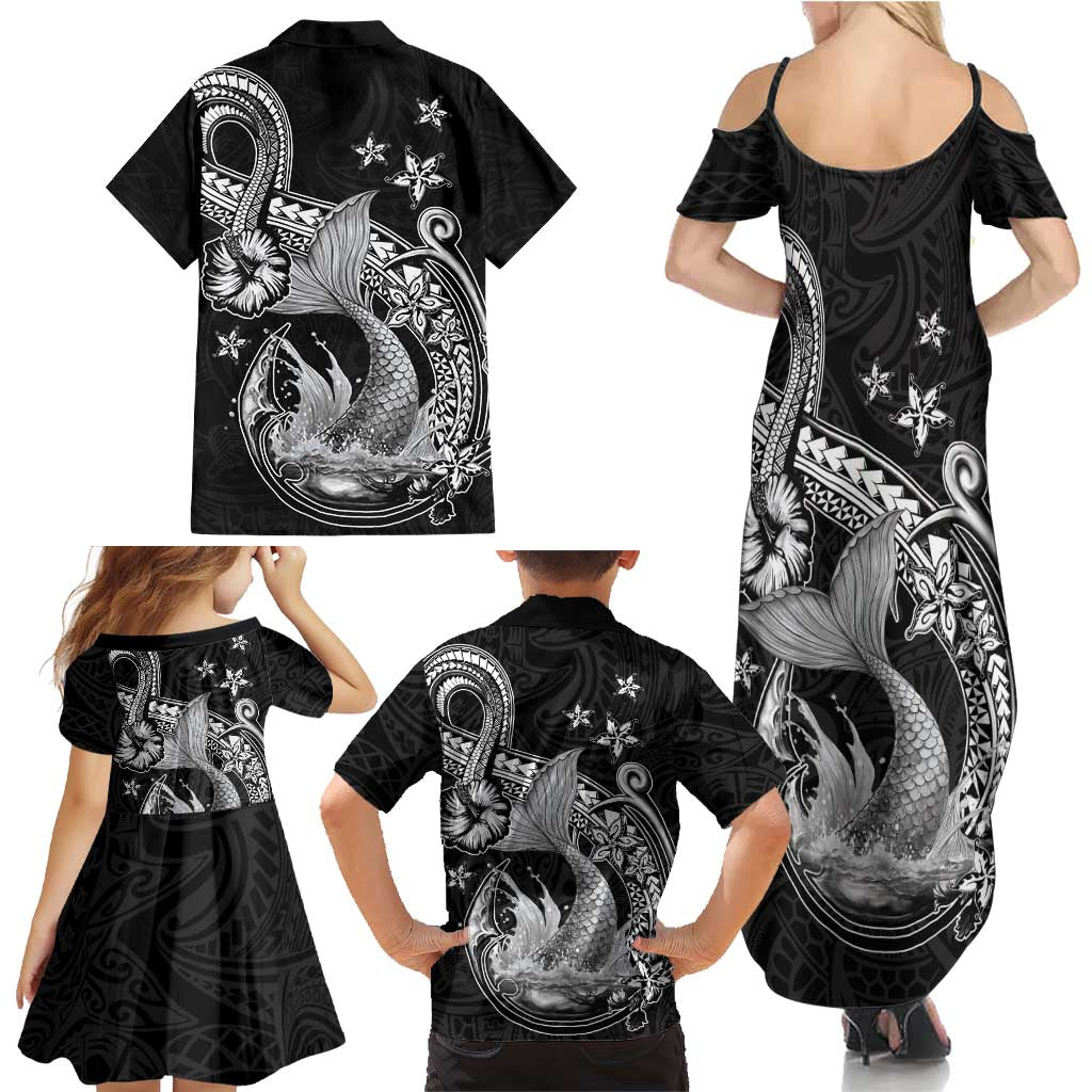 Hawaii Mermaid Monotone Family Matching Summer Maxi Dress and Hawaiian Shirt Polynesian Pattern Fish Hook LT01 - Polynesian Pride