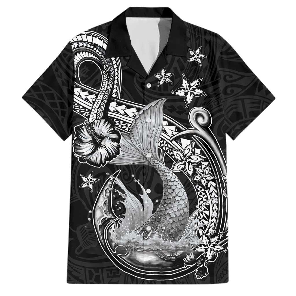 Hawaii Mermaid Monotone Family Matching Tank Maxi Dress and Hawaiian Shirt Polynesian Pattern Fish Hook LT01 Dad's Shirt - Short Sleeve Black - Polynesian Pride