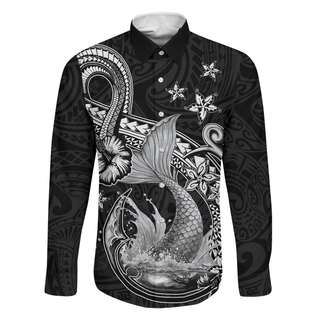 Hawaii Mermaid Monotone Family Matching Tank Maxi Dress and Hawaiian Shirt Polynesian Pattern Fish Hook LT01 Dad's Shirt - Long Sleeve Black - Polynesian Pride