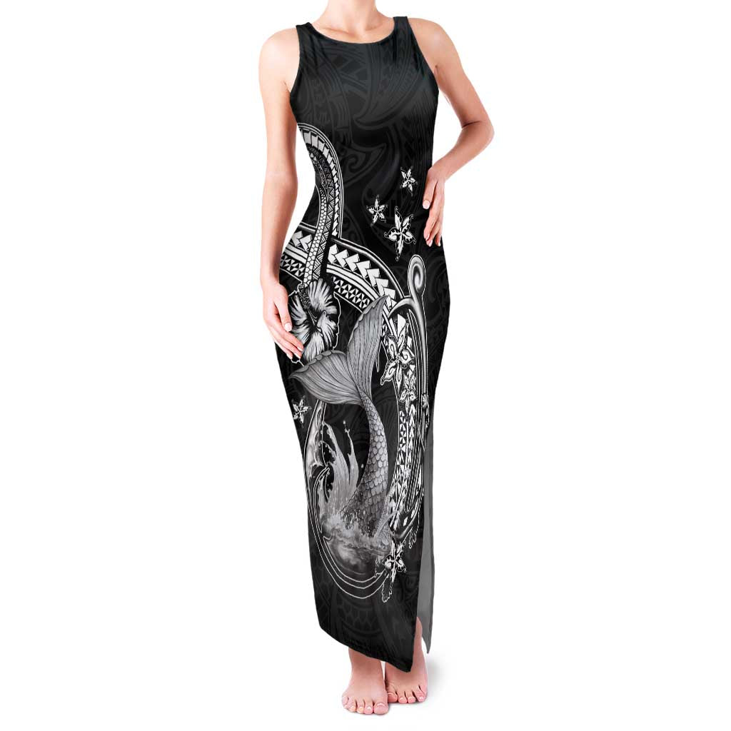 Hawaii Mermaid Monotone Family Matching Tank Maxi Dress and Hawaiian Shirt Polynesian Pattern Fish Hook LT01 Mom's Dress Black - Polynesian Pride