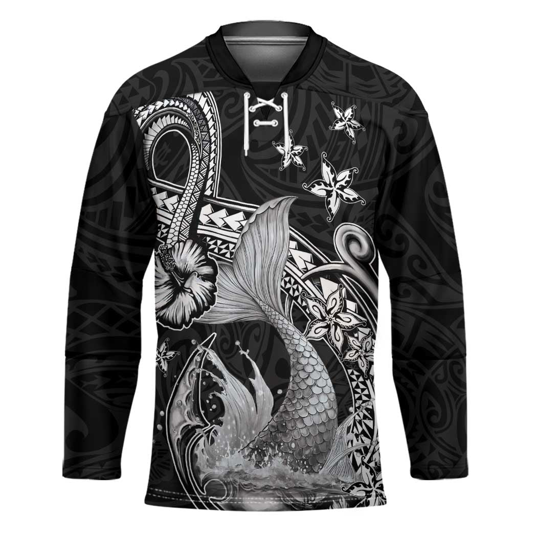 Hawaii Mermaid Monotone Hockey Jersey Polynesian Pattern Fish Hook LT01 Unisex Black - Polynesian Pride