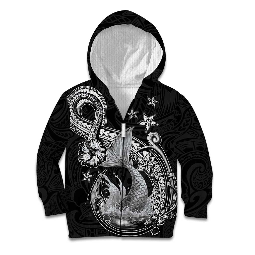 Hawaii Mermaid Monotone Kid Hoodie Polynesian Pattern Fish Hook LT01 Zip Hoodie Black - Polynesian Pride