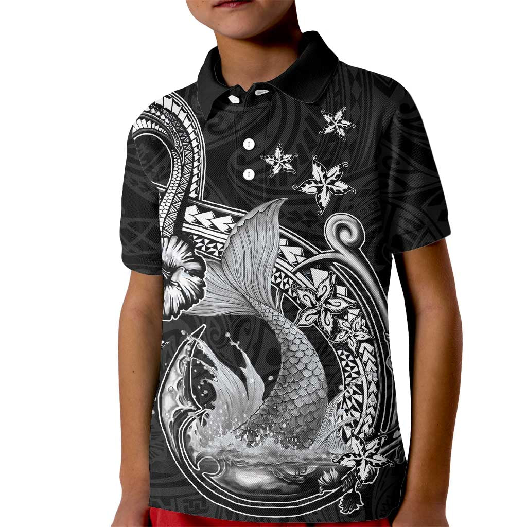 Hawaii Mermaid Monotone Kid Polo Shirt Polynesian Pattern Fish Hook LT01 Kid Black - Polynesian Pride