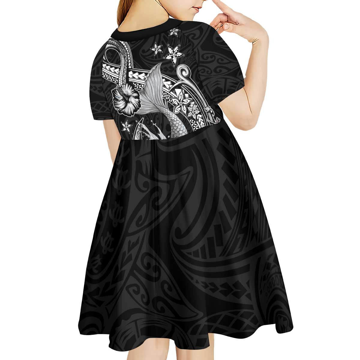 Hawaii Mermaid Monotone Kid Short Sleeve Dress Polynesian Pattern Fish Hook LT01 - Polynesian Pride