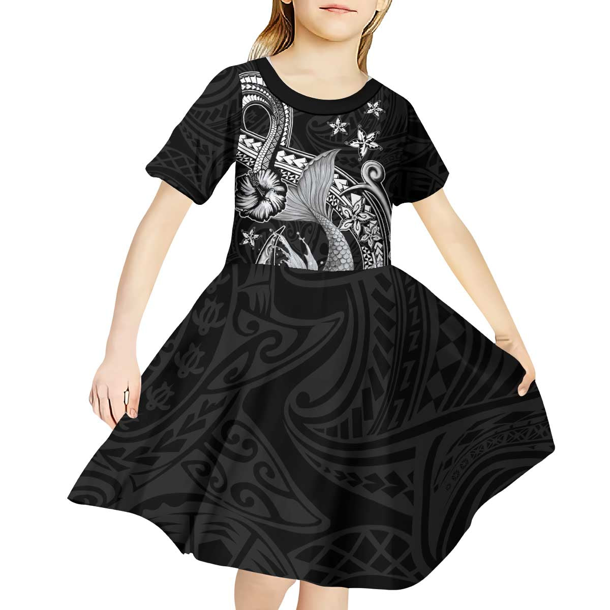 Hawaii Mermaid Monotone Kid Short Sleeve Dress Polynesian Pattern Fish Hook LT01 - Polynesian Pride