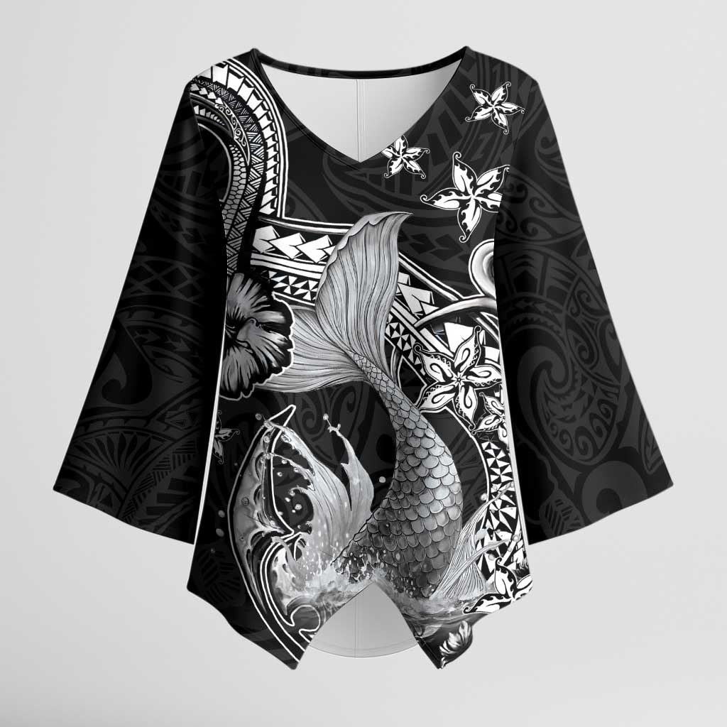 Hawaii Mermaid Monotone Kimono Sleeve Blouse Polynesian Pattern Fish Hook LT01 Female Black - Polynesian Pride