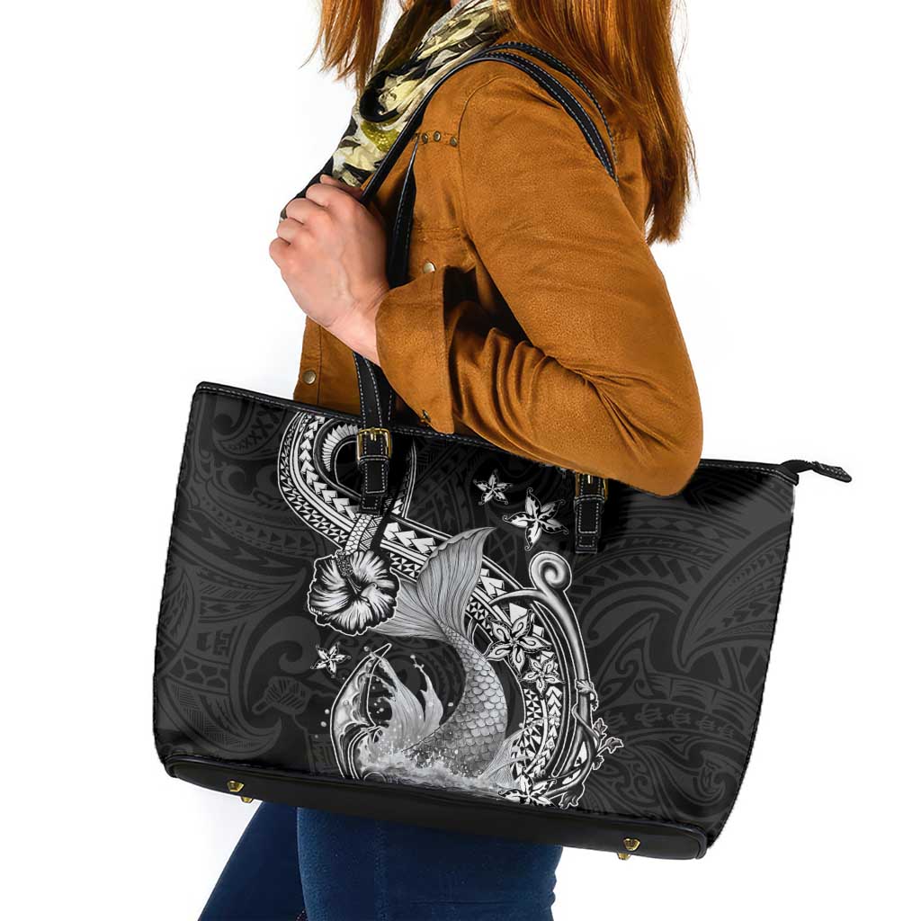 Hawaii Mermaid Monotone Leather Tote Bag Polynesian Pattern Fish Hook LT01 Black - Polynesian Pride