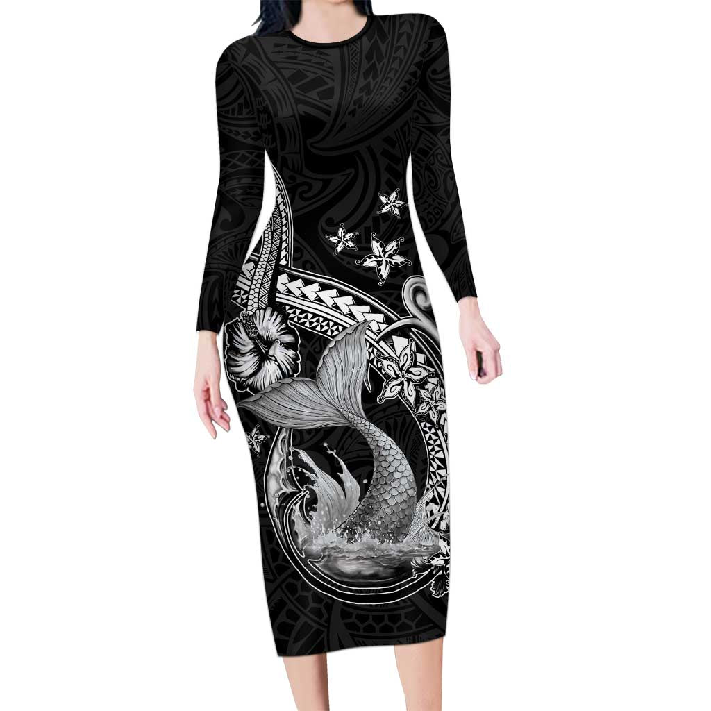 Hawaii Mermaid Monotone Long Sleeve Bodycon Dress Polynesian Pattern Fish Hook LT01 Long Dress Black - Polynesian Pride