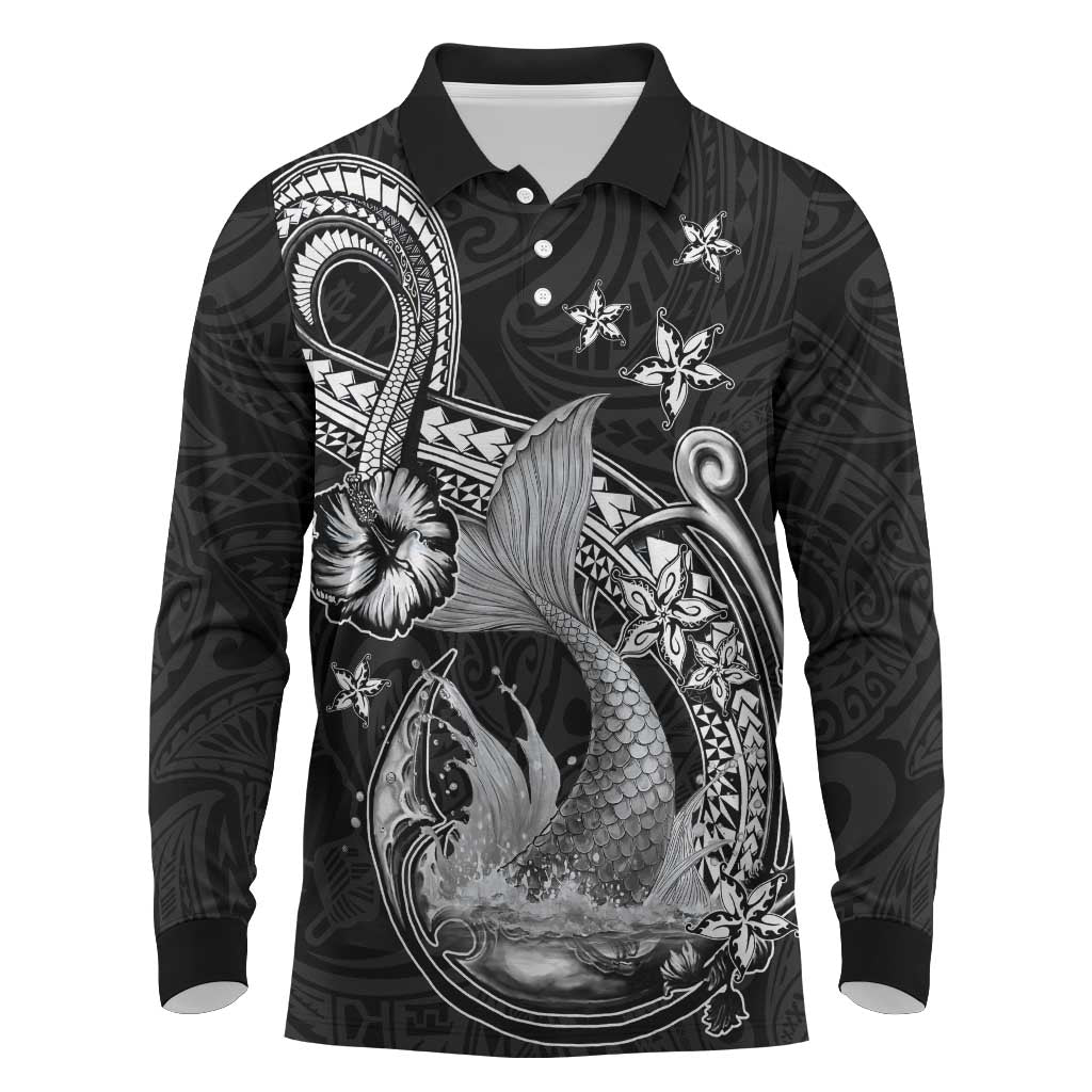 Hawaii Mermaid Monotone Long Sleeve Polo Shirt Polynesian Pattern Fish Hook LT01 Black - Polynesian Pride