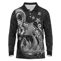 Hawaii Mermaid Monotone Long Sleeve Polo Shirt Polynesian Pattern Fish Hook LT01 Black - Polynesian Pride
