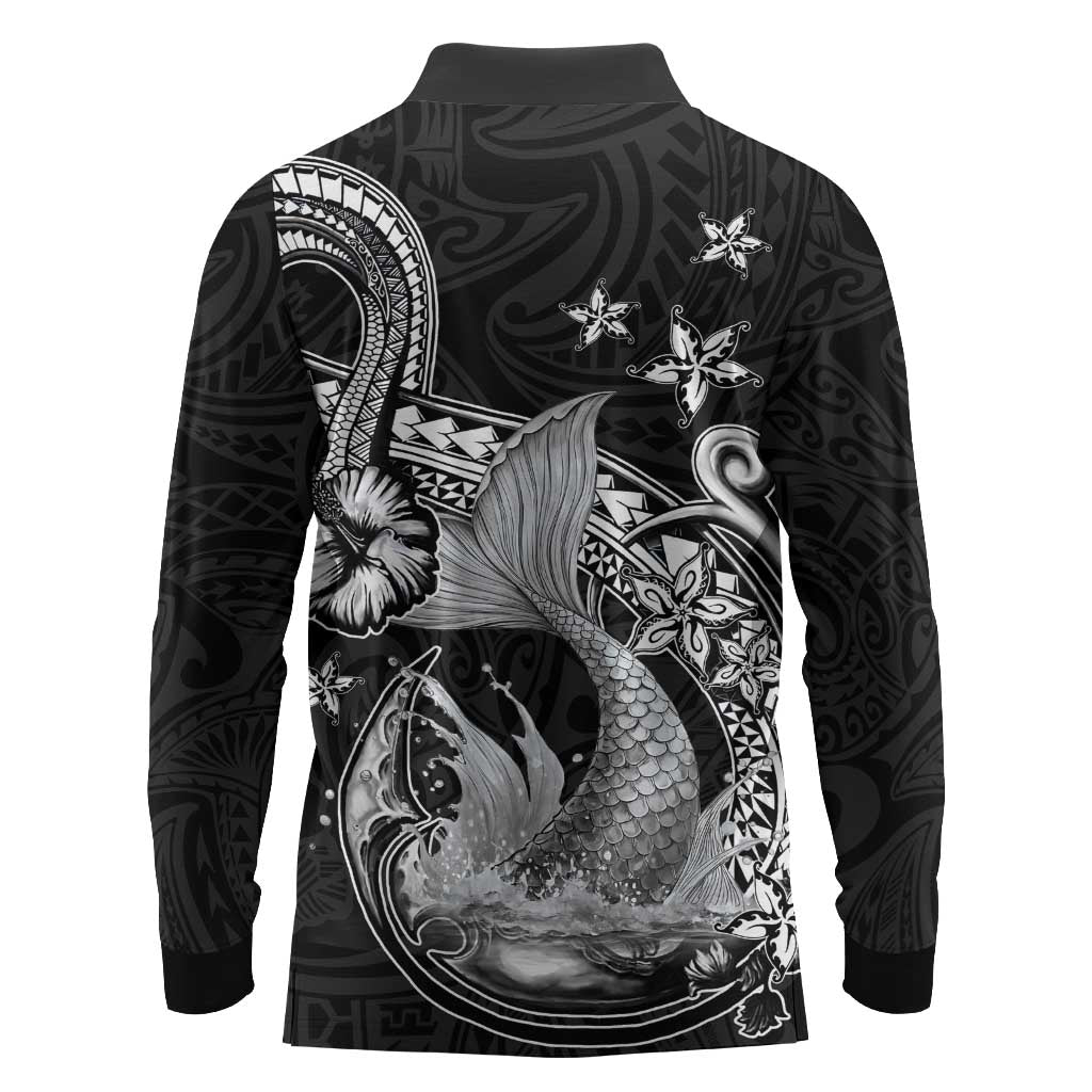 Hawaii Mermaid Monotone Long Sleeve Polo Shirt Polynesian Pattern Fish Hook LT01 - Polynesian Pride