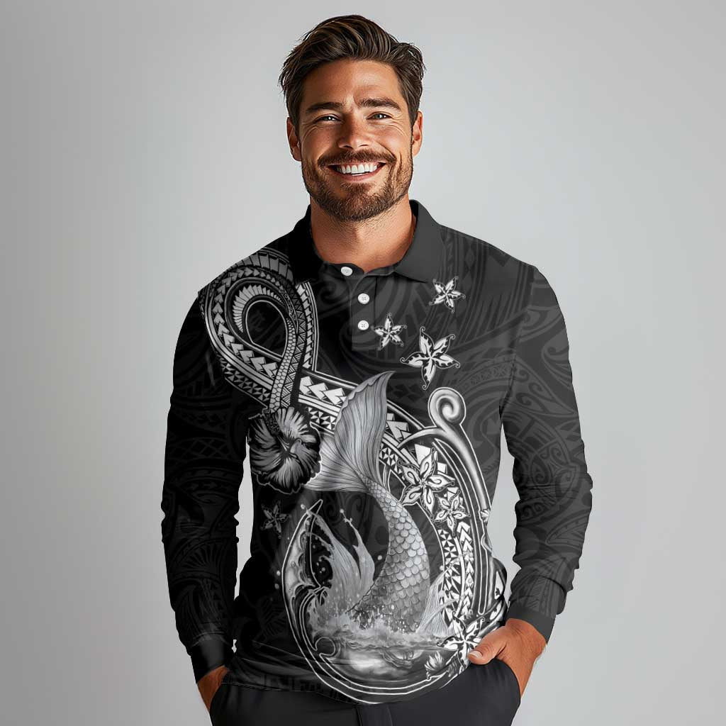 Hawaii Mermaid Monotone Long Sleeve Polo Shirt Polynesian Pattern Fish Hook LT01 - Polynesian Pride