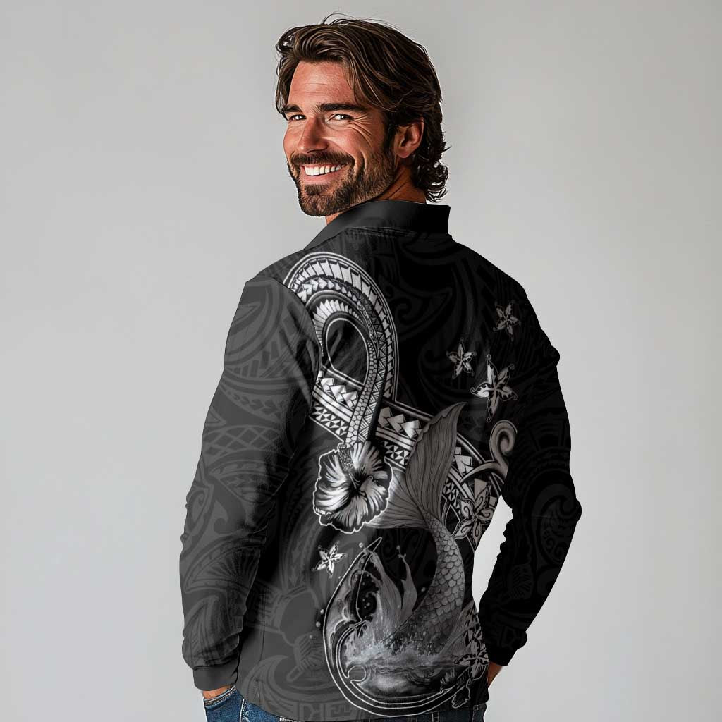 Hawaii Mermaid Monotone Long Sleeve Polo Shirt Polynesian Pattern Fish Hook LT01 - Polynesian Pride