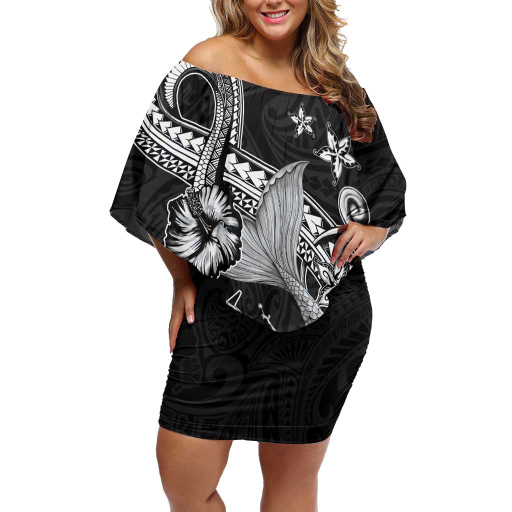Hawaii Mermaid Monotone Off Shoulder Short Dress Polynesian Pattern Fish Hook LT01 Women Black - Polynesian Pride