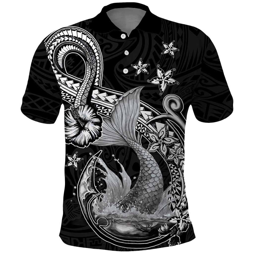 Hawaii Mermaid Monotone Polo Shirt Polynesian Pattern Fish Hook LT01 Black - Polynesian Pride