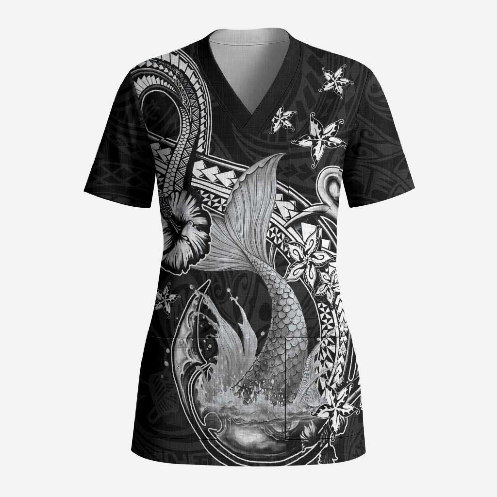 Hawaii Mermaid Monotone Scrub Top Polynesian Pattern Fish Hook LT01 Adult Black - Polynesian Pride