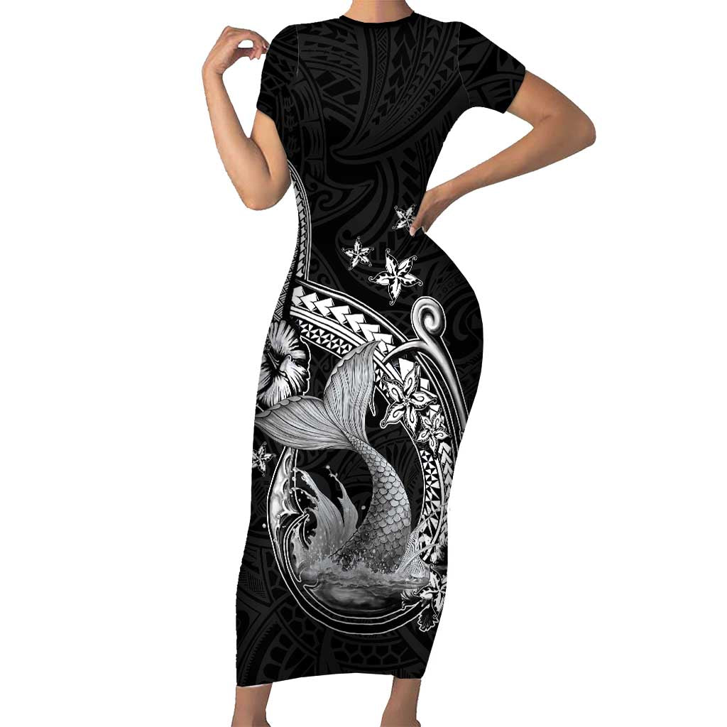 Hawaii Mermaid Monotone Short Sleeve Bodycon Dress Polynesian Pattern Fish Hook LT01 Long Dress Black - Polynesian Pride
