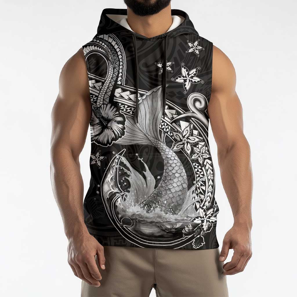 Hawaii Mermaid Monotone Sleeveless Hoodie Polynesian Pattern Fish Hook
