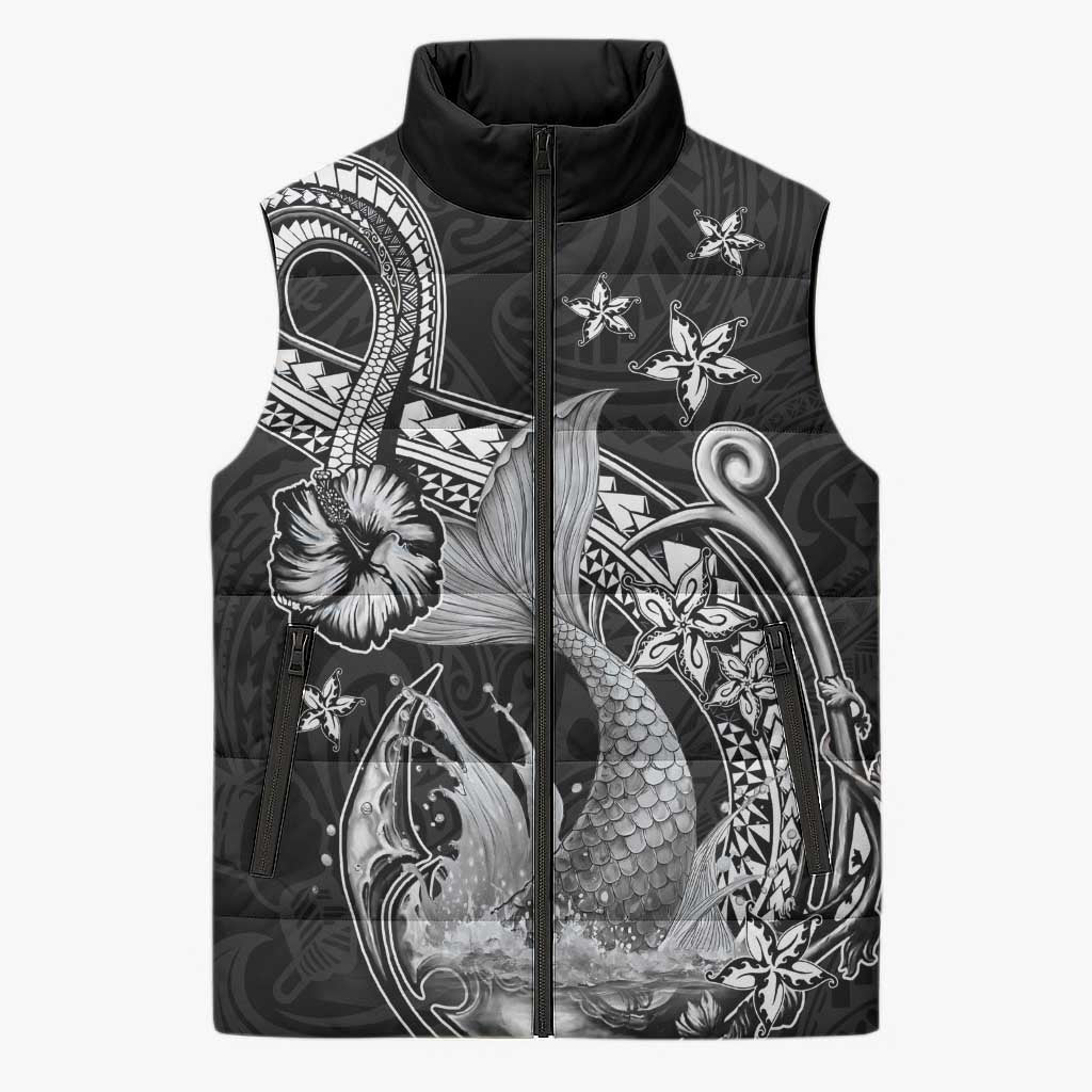 Hawaii Mermaid Monotone Sleeveless Puffer Jacket Polynesian Pattern Fish Hook